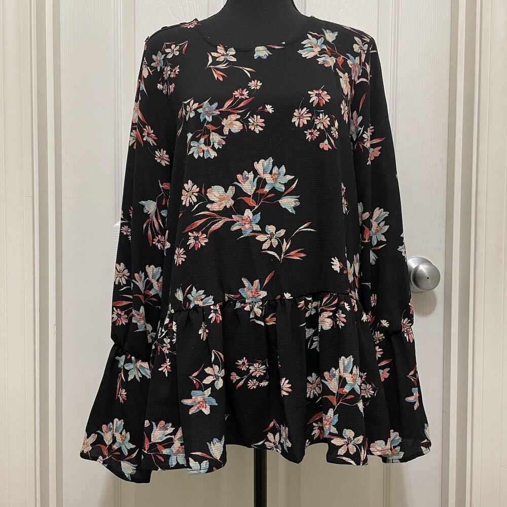 CKW‎ Crew Knitwear Boho Black Blouse Floral Ruffled Hem Flounce Sleeve Womens XL